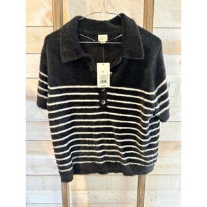 A New Day Black White Striped Eyelash Knit Polo Sweater Short Sleeve Medium NWT
